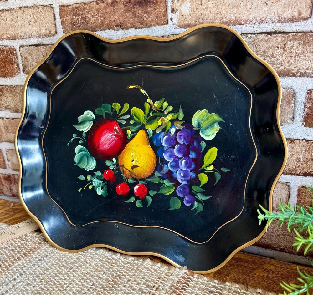 Vintage Nashco Toleware Serving Tray | 1940s 1950s Hand Painted Fruit Tray